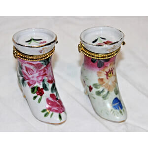 Pair Vintage Porcelain Floral Boots Trinket Boxes by Formalities by Baum Bros.